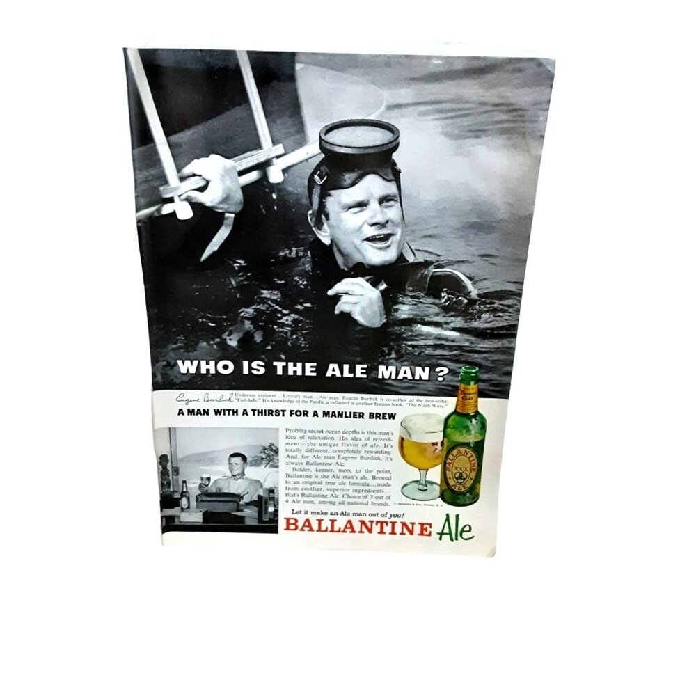 1963 Ballantine Ale Eugene Burdick Explorer Vintage Print Ad Original